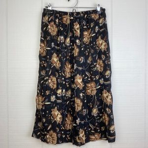 Vintage Midi Pleated Skirt Floral Black Muted Multicolor Elastic Waist